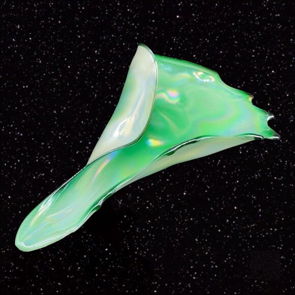 Polish Art Glass Folded Bowl Dish Glass Green Iridescent Poland Vintage 10”W 2”T - Picture 4 of 16